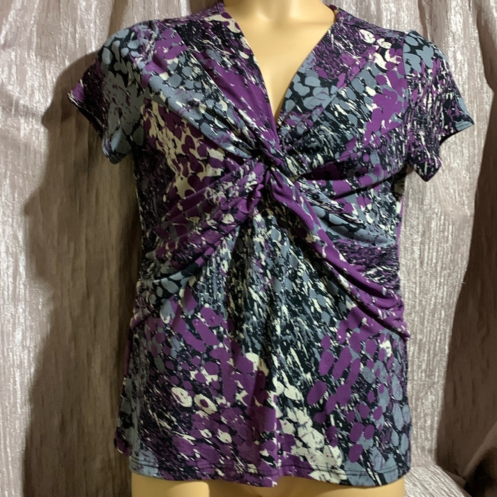 Carole Little Top Blouse XL Stretchy Short Sleeve Pullover Purple Gray  Black